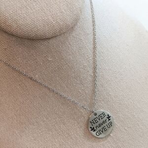 Never Give Up Circle Charm and Stainless Steel Chain Necklace NWT